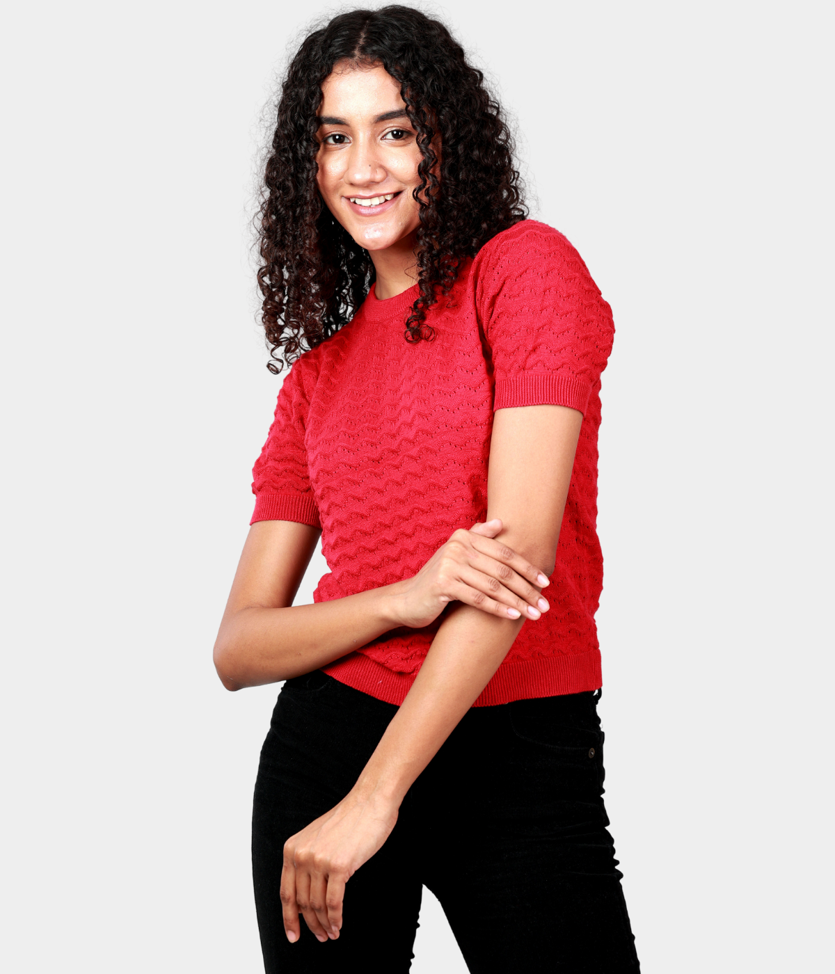 Red Pointelle Half Sleeves Knitted Top