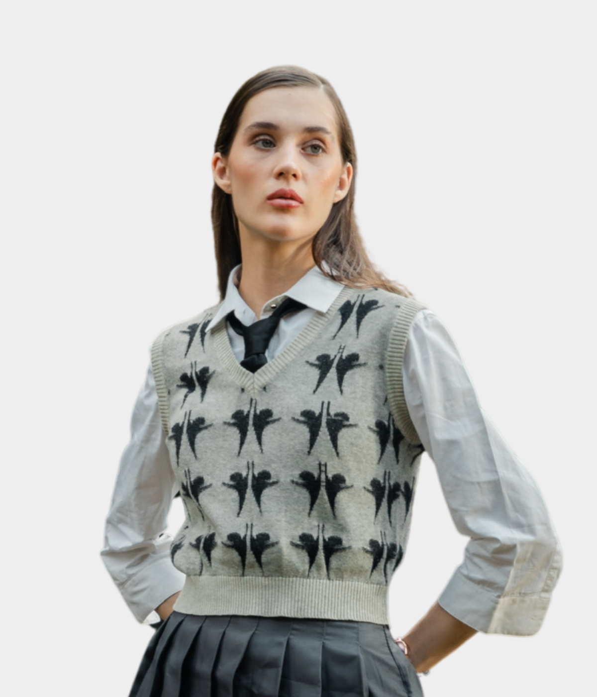 Grey with Black Structured V-Neck Sleeveless Knitted