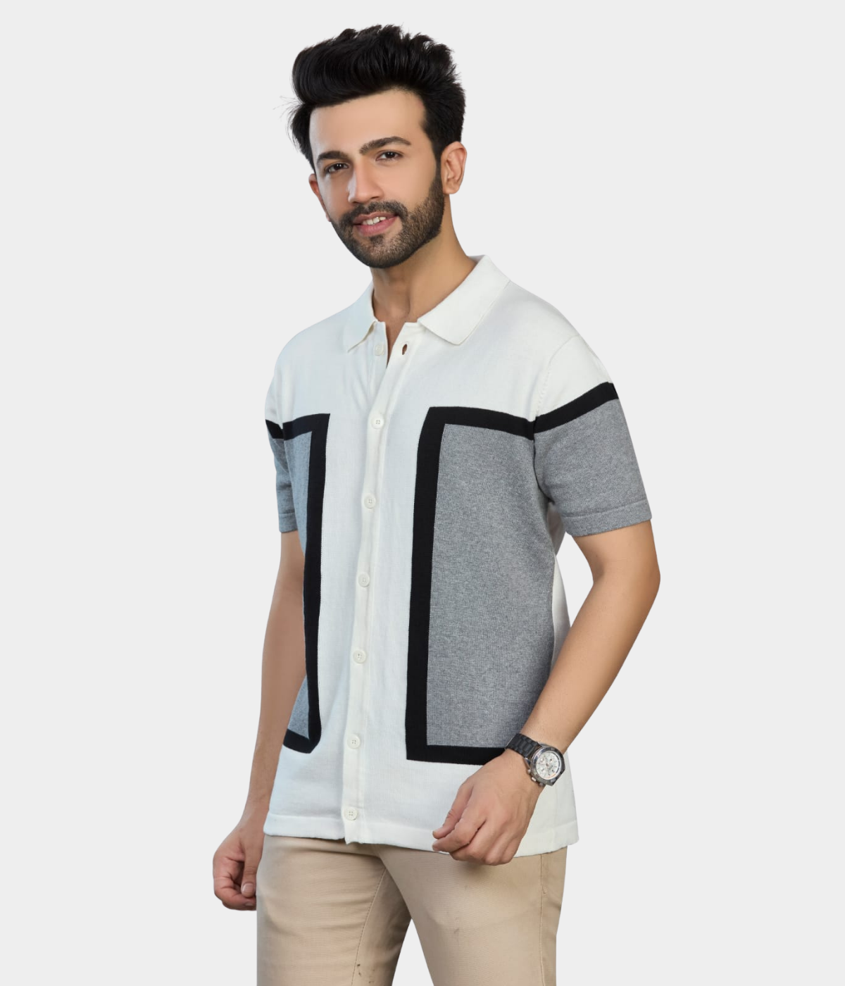 Off-White & Grey Structured Knitted Shirt