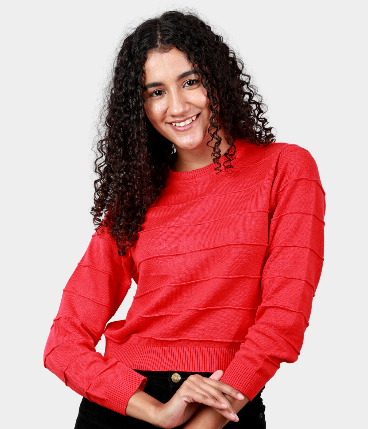 Red Round Neck 3/4 Sleeves Knitted Top