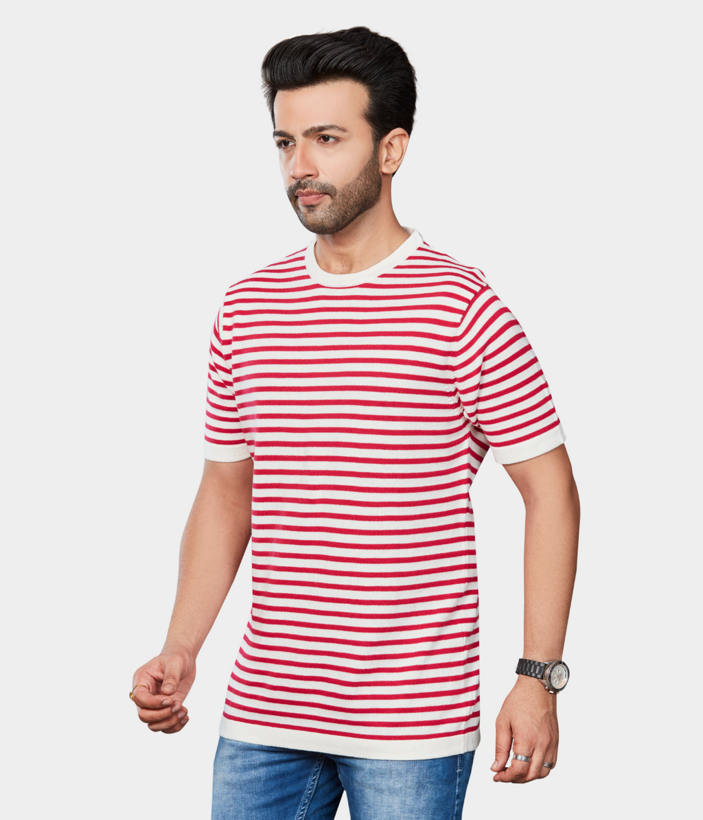 Off-White Round Neck Knitted T-Shirt with Rani Stripes