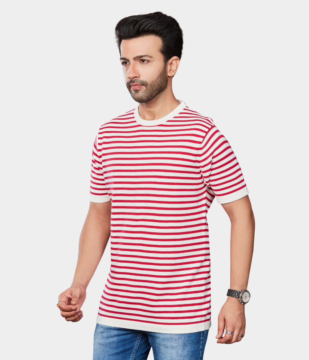 Off-White Round Neck Knitted T-Shirt with Rani Stripes