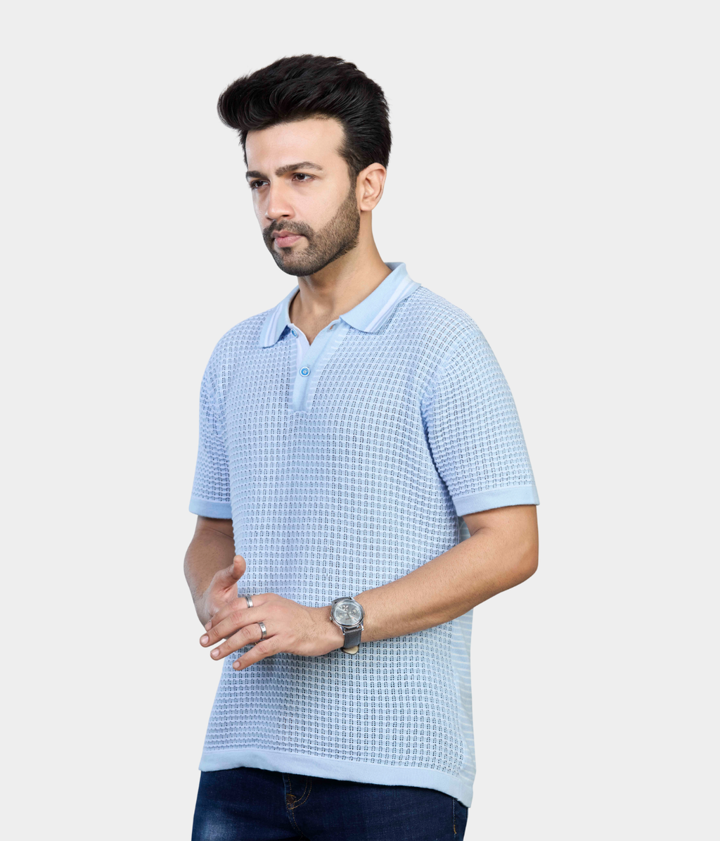 Blue & White Pointelle Knitted Polo T-Shirt