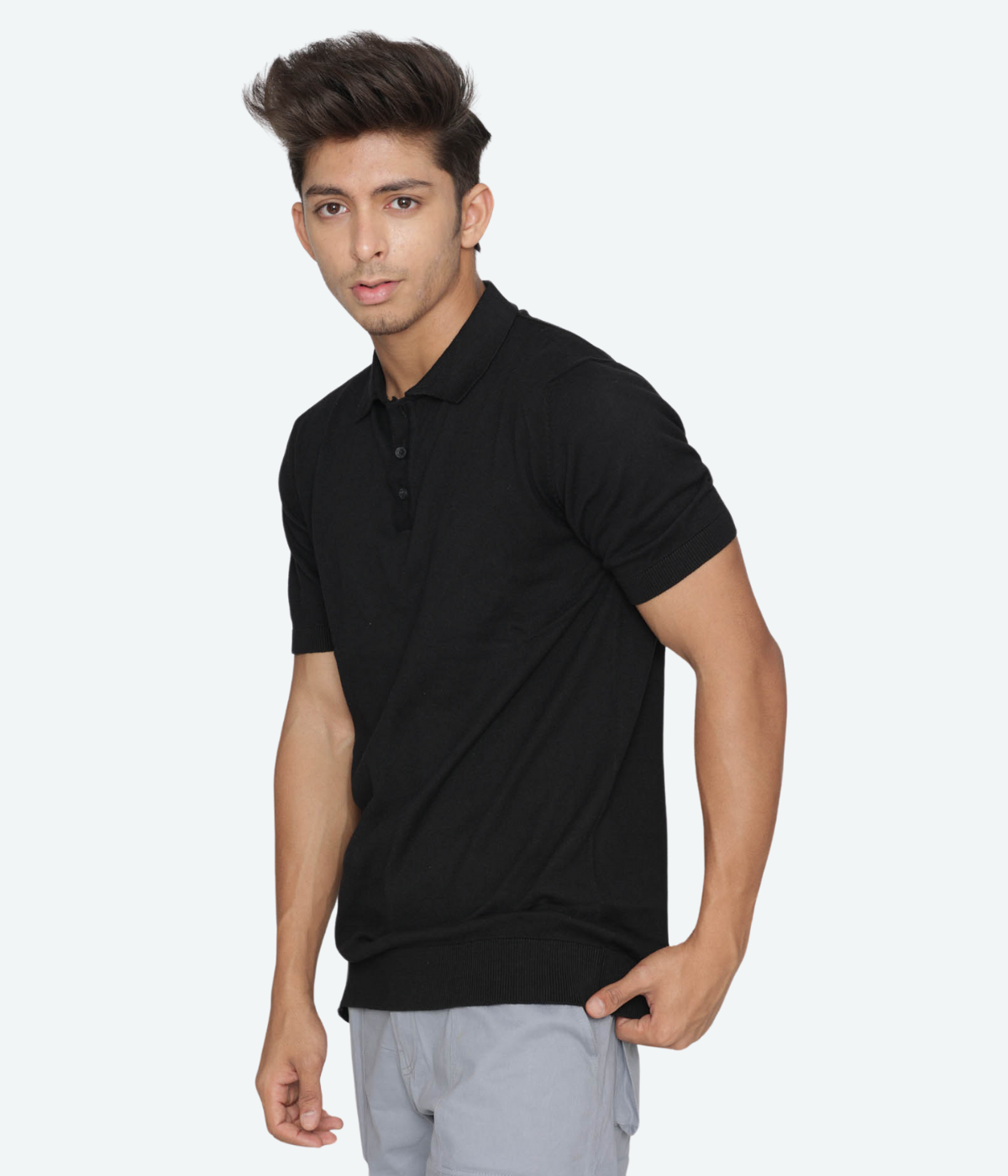 Black Solid  cotton Knitted Polo