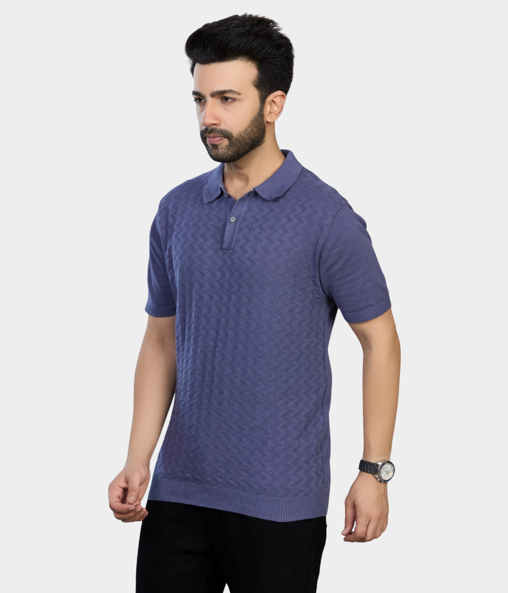 Washed Navy Cotton Knitted Polo T-Shirt