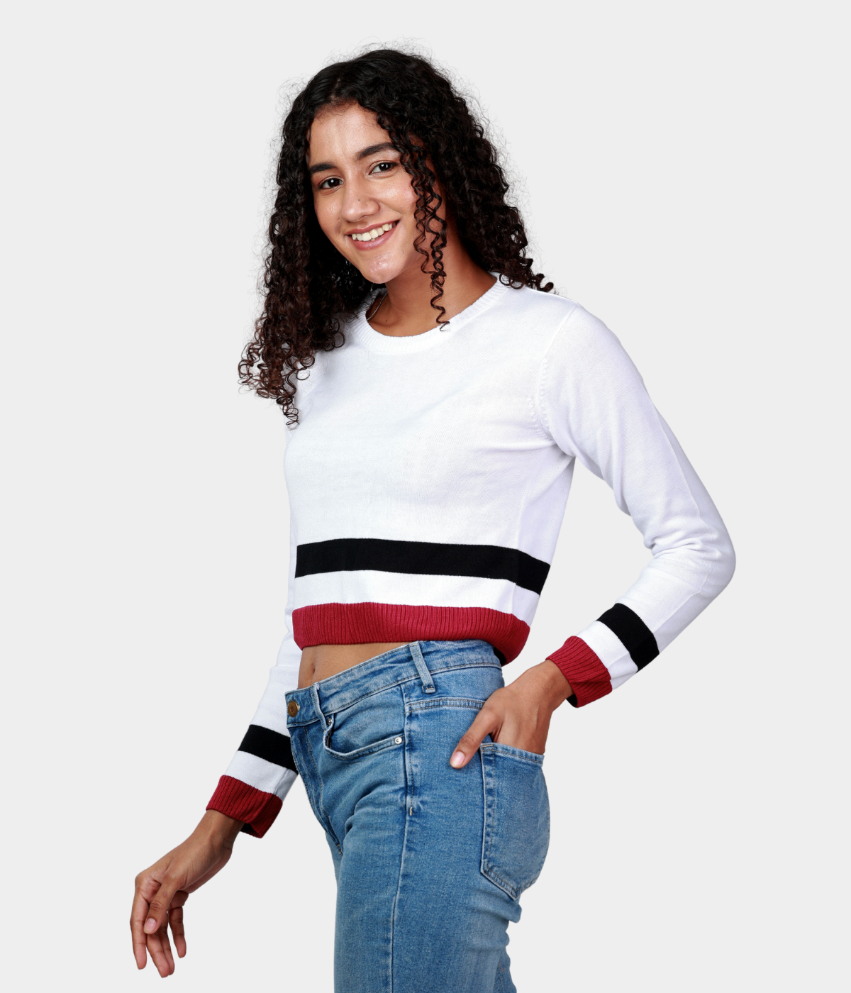 White Striped Structured Full Sleeves Knitted Top
