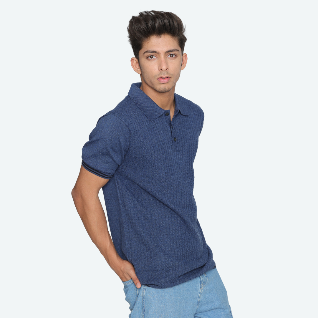 Navy Structured Cotton Polo Knitted T-Shirt