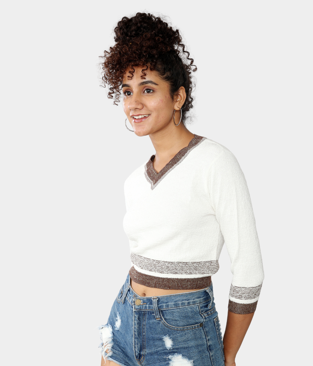 Off-White V-Neck Three-Fourth Sleeves Crop Top