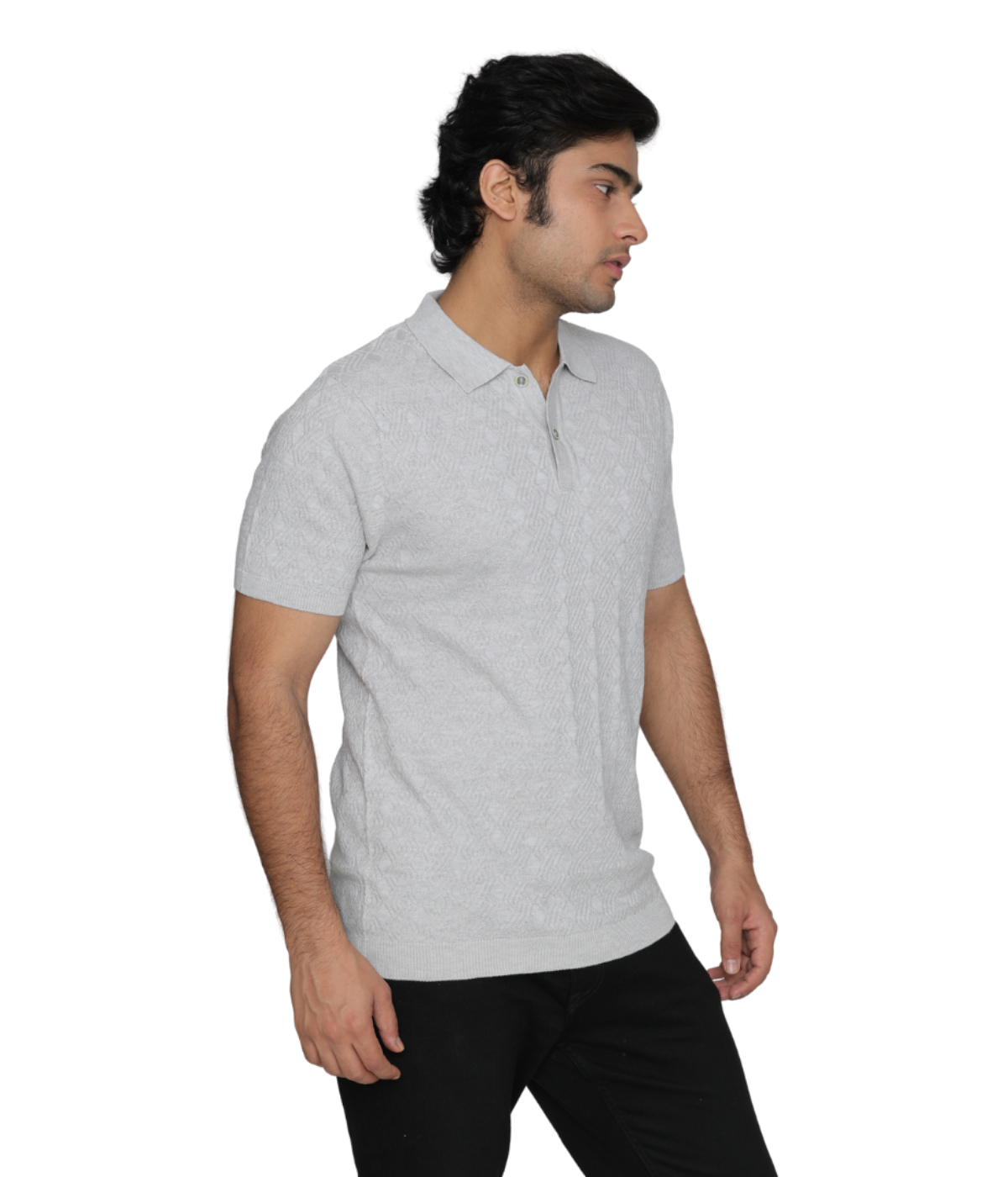 Grey Structured Cotton Polo Knitted T-Shirt