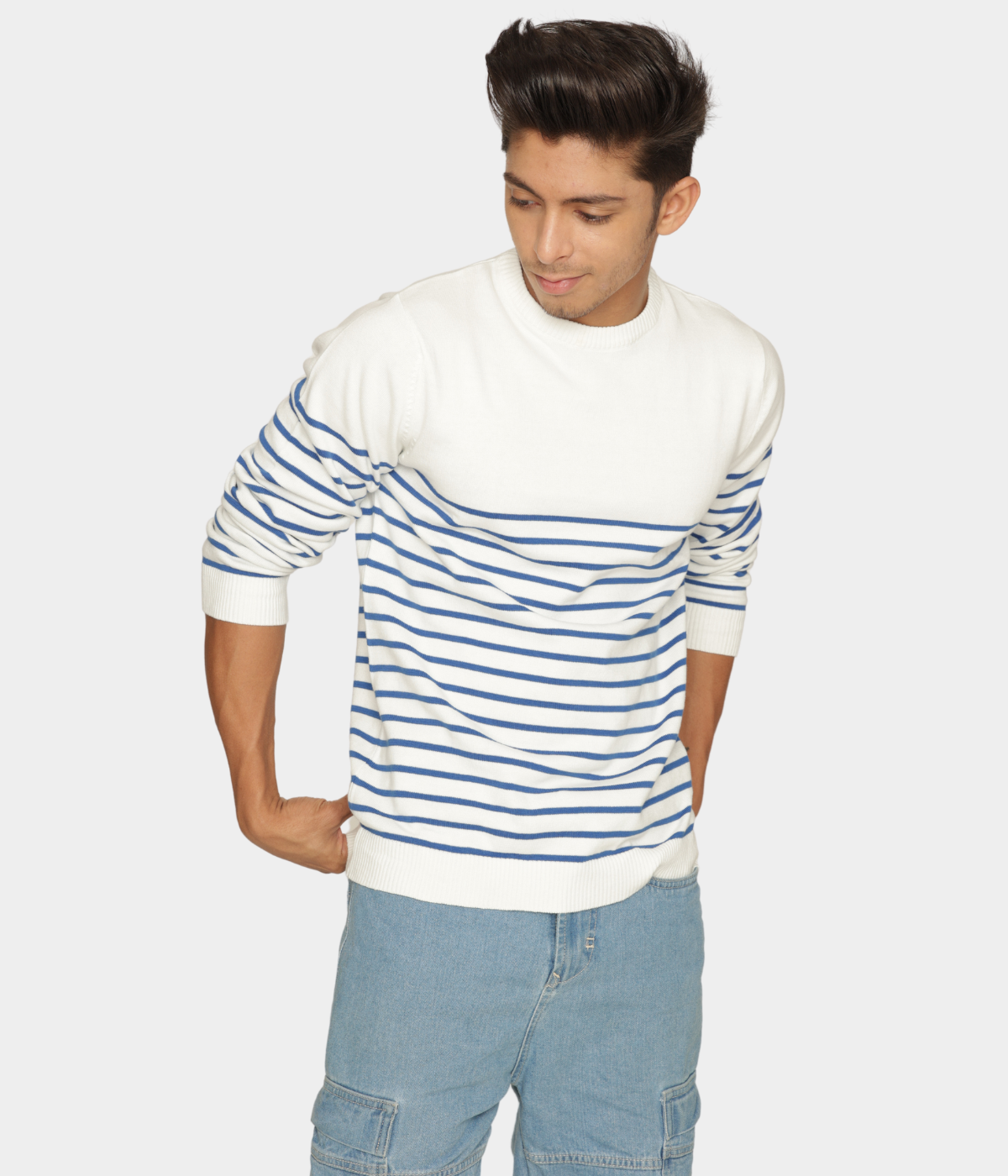 OFF WHITE BLUE STRIPED PREMIUM COTTON FULL SLEEVES T-SHIRT