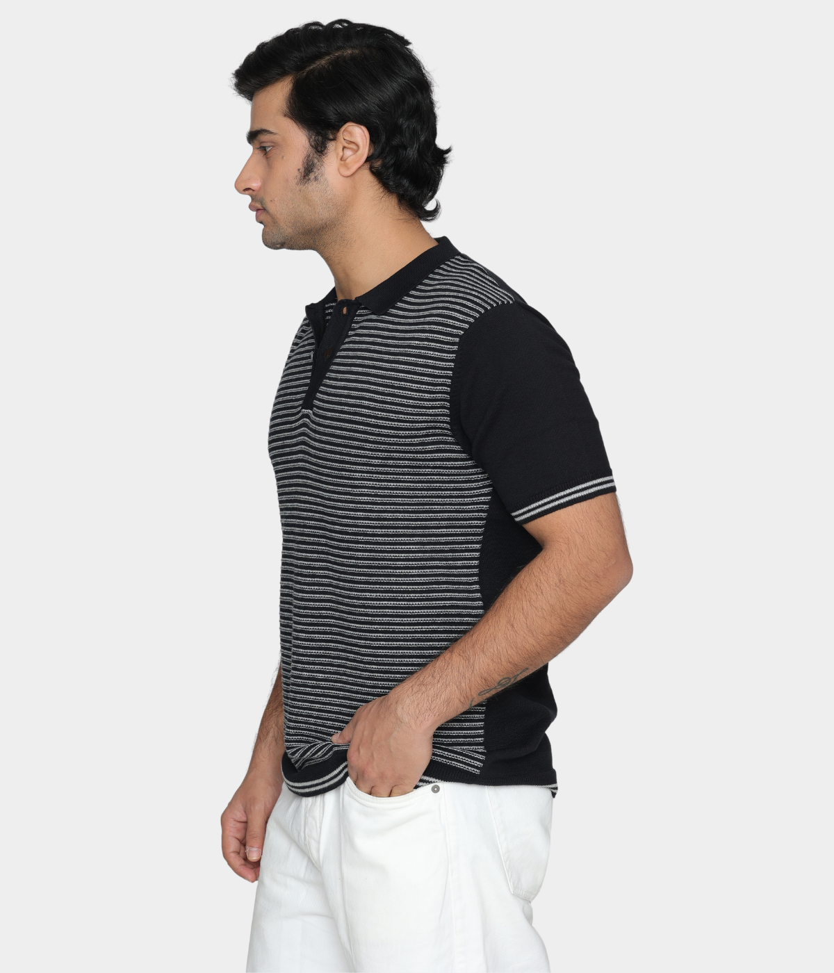Black/Grey Structured Cotton Polo T-Shirt