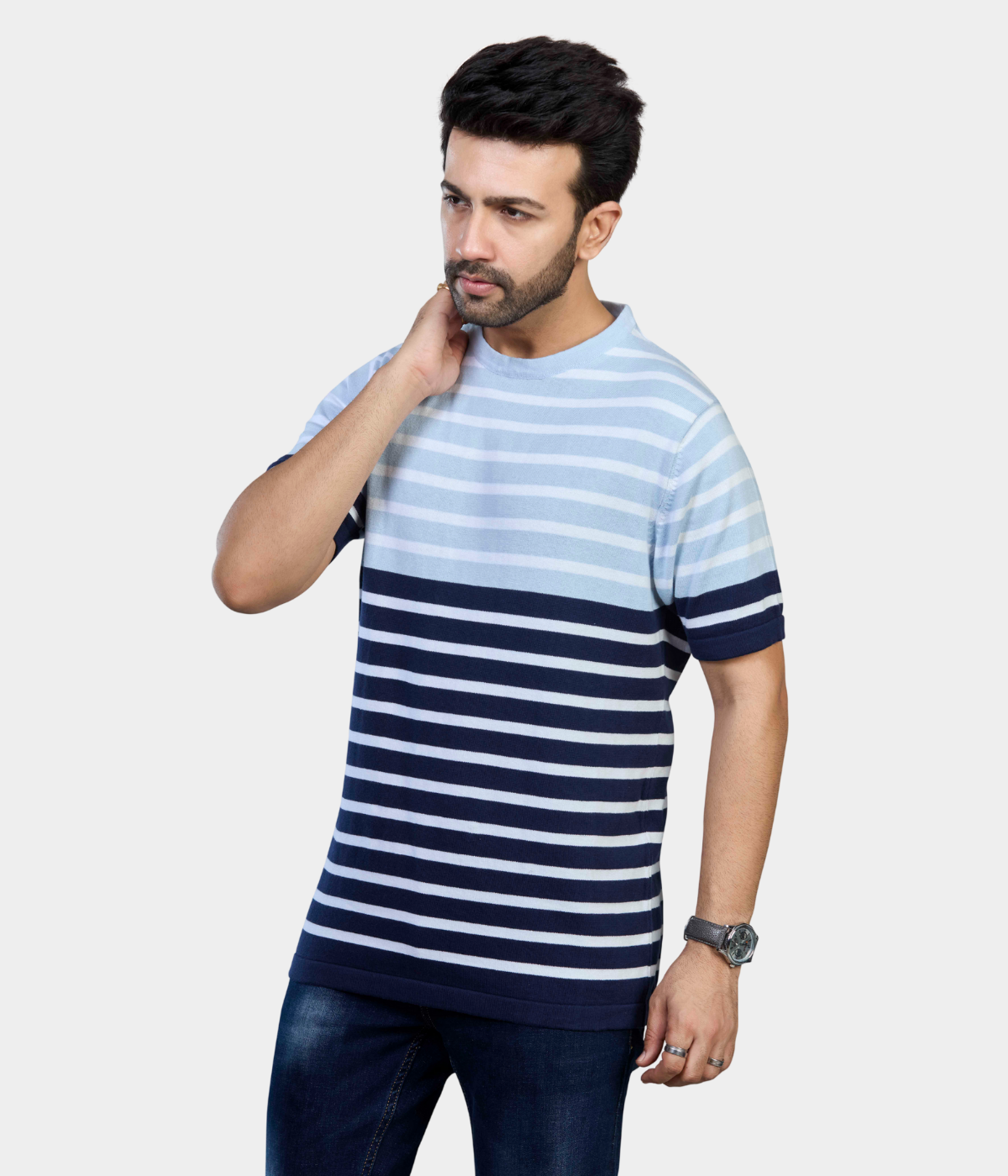 Light Blue & Navy Striped Knitted T-Shirt