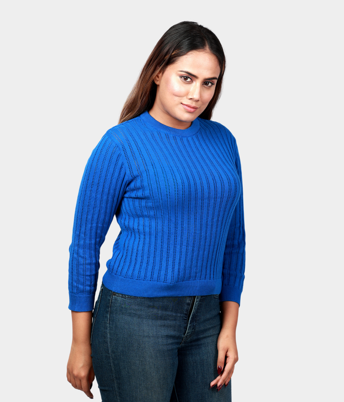 Blue Round Neck Pointelle Structured 3/4 Sleeves  Crop Top