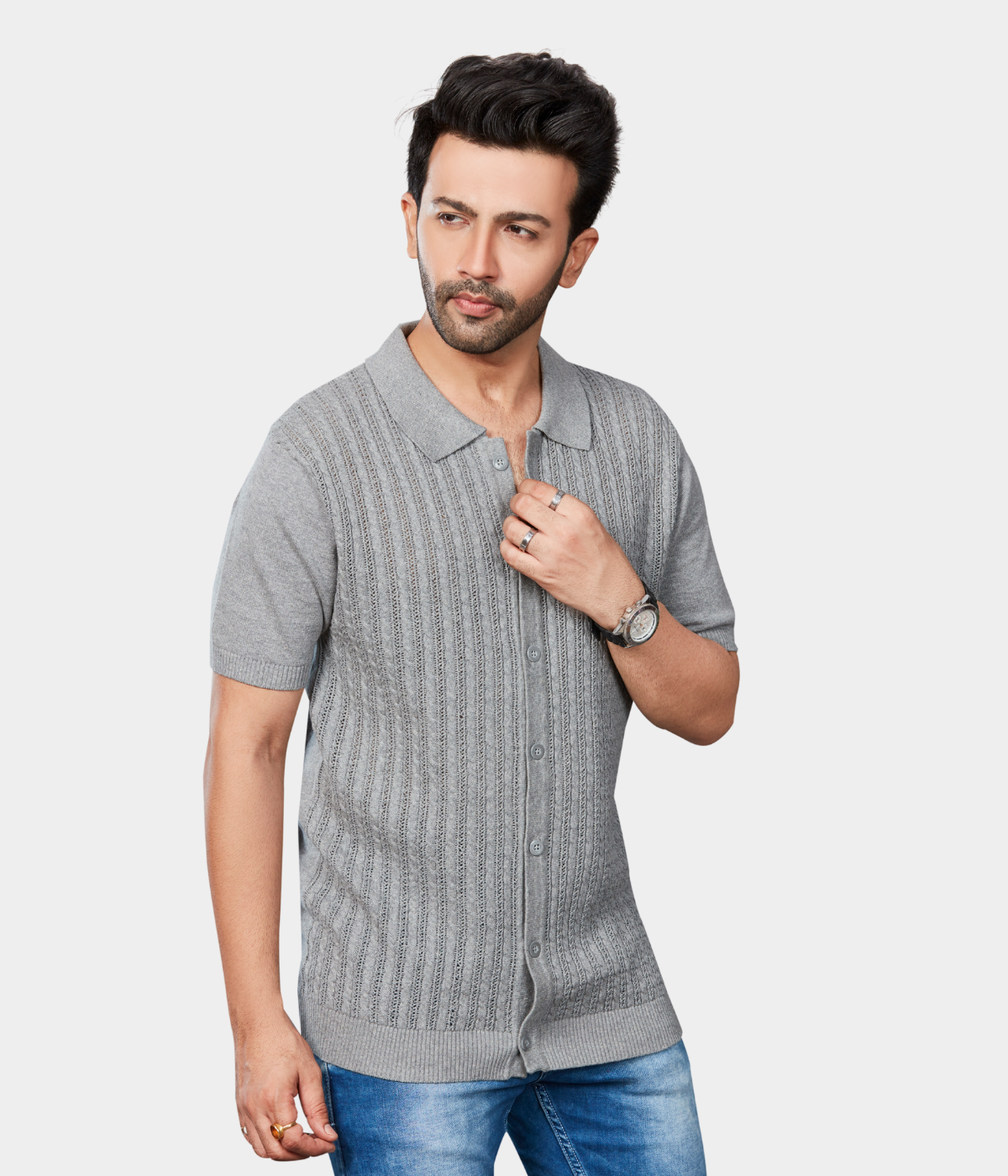 Grey Pointelle Knitted Cotton Shirt