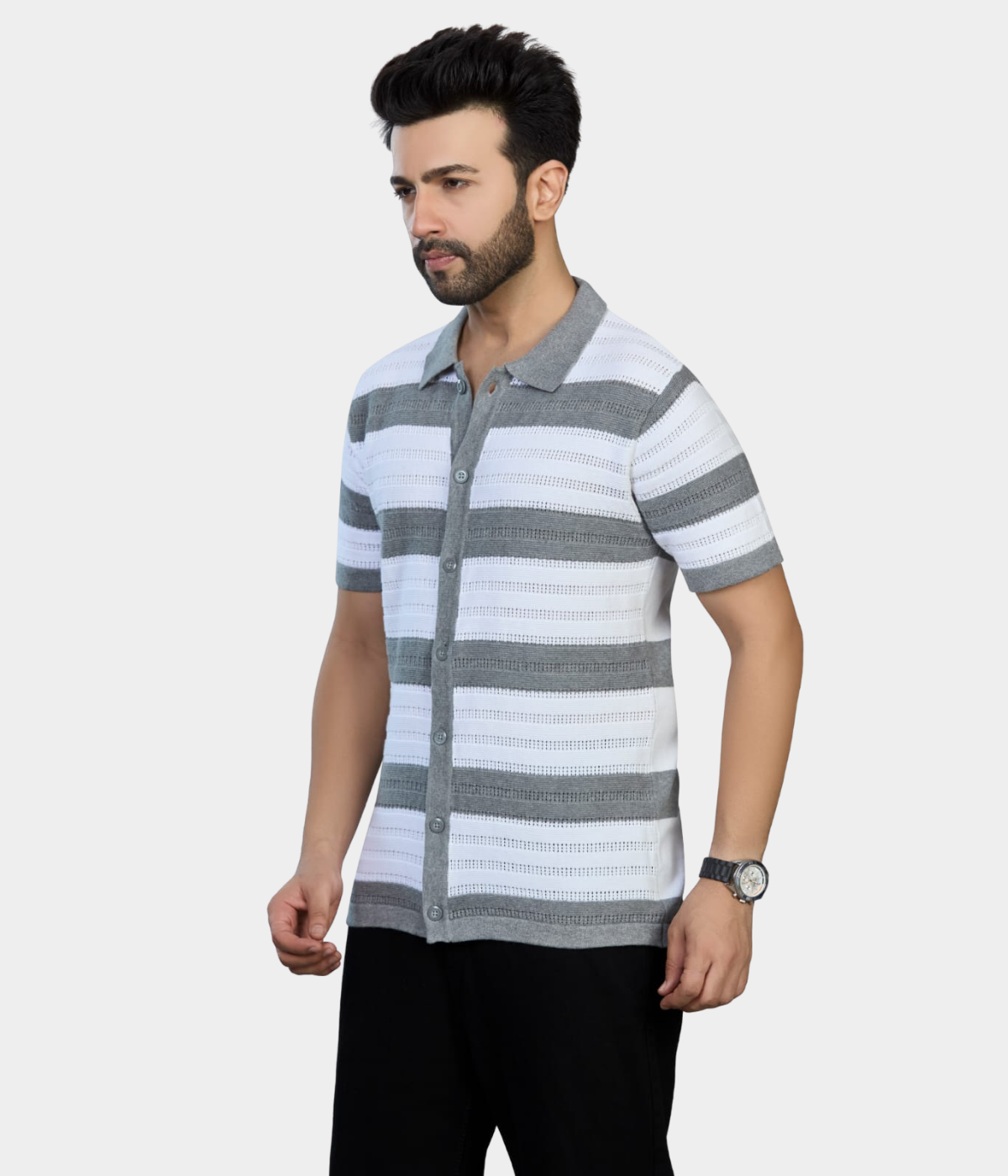 White & Grey Pointelle Knitted Shirt