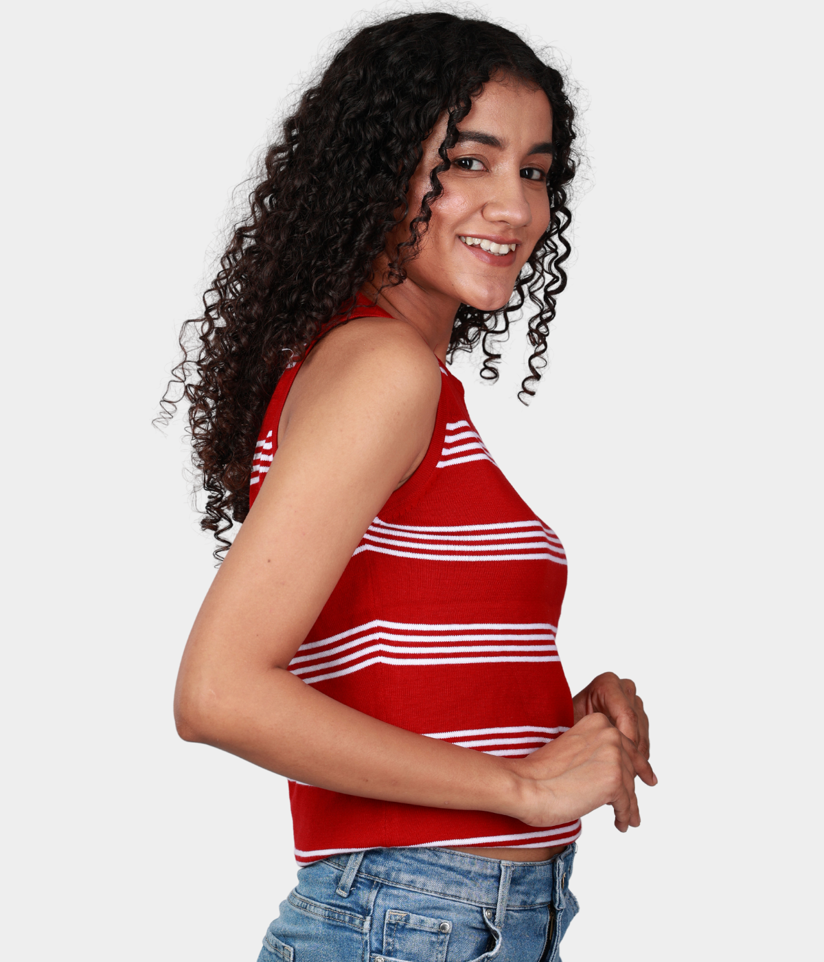 Red with White Stripes Round Neck Sleeveless Knitted