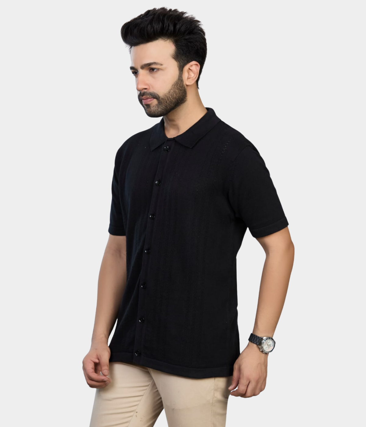 Black Pointelle Knitted Cotton Shirt