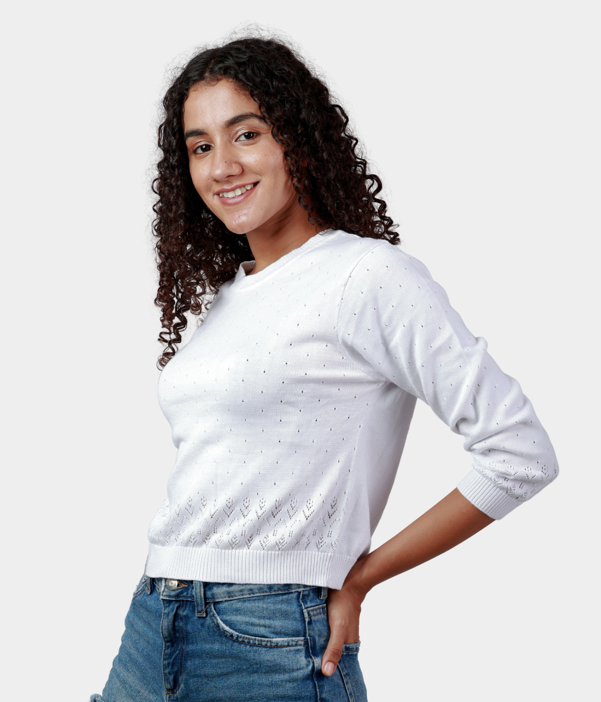 Off-White Pointelle 3/4 Sleeves Knitted