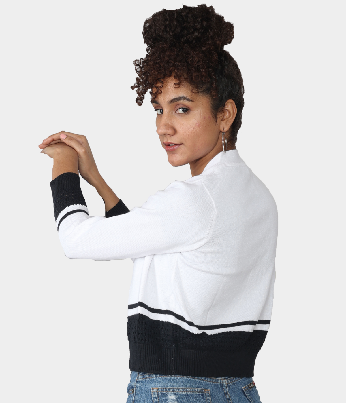 White with Black Pointelle Bottom Knitted Shrug