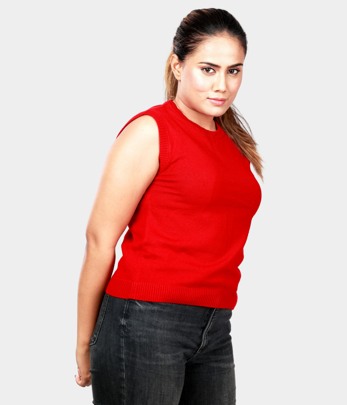 Maroon Round Neck Sleeveless Knitted TOP