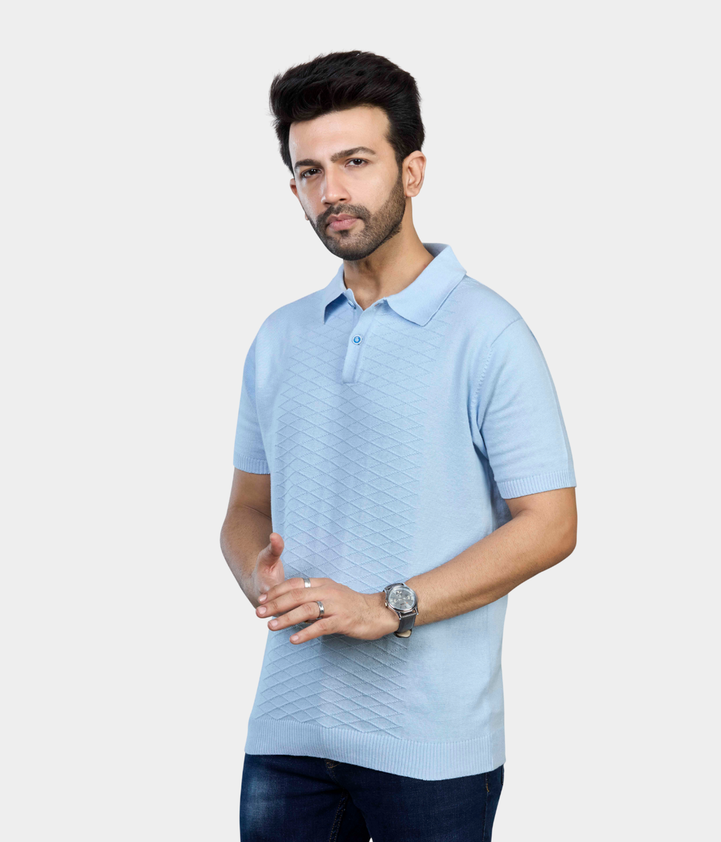 Sky Blue Textured Knitted Cotton Polo T-Shirt