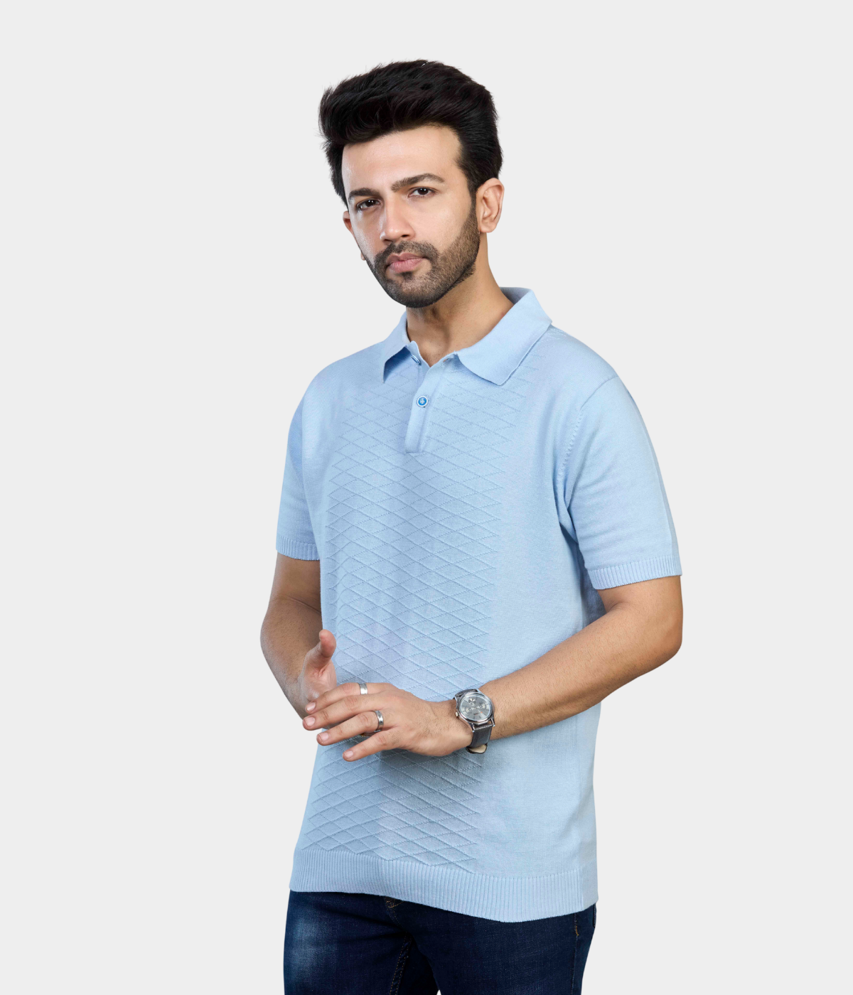 Sky Blue Textured Knitted Cotton Polo T-Shirt