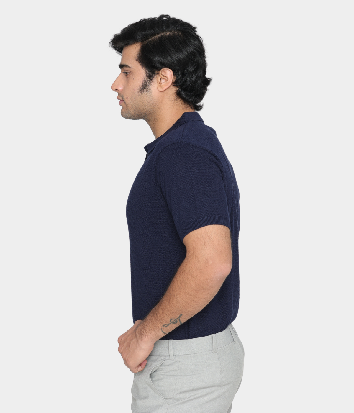 Navy Structured Cotton Polo Knitted T-Shirt