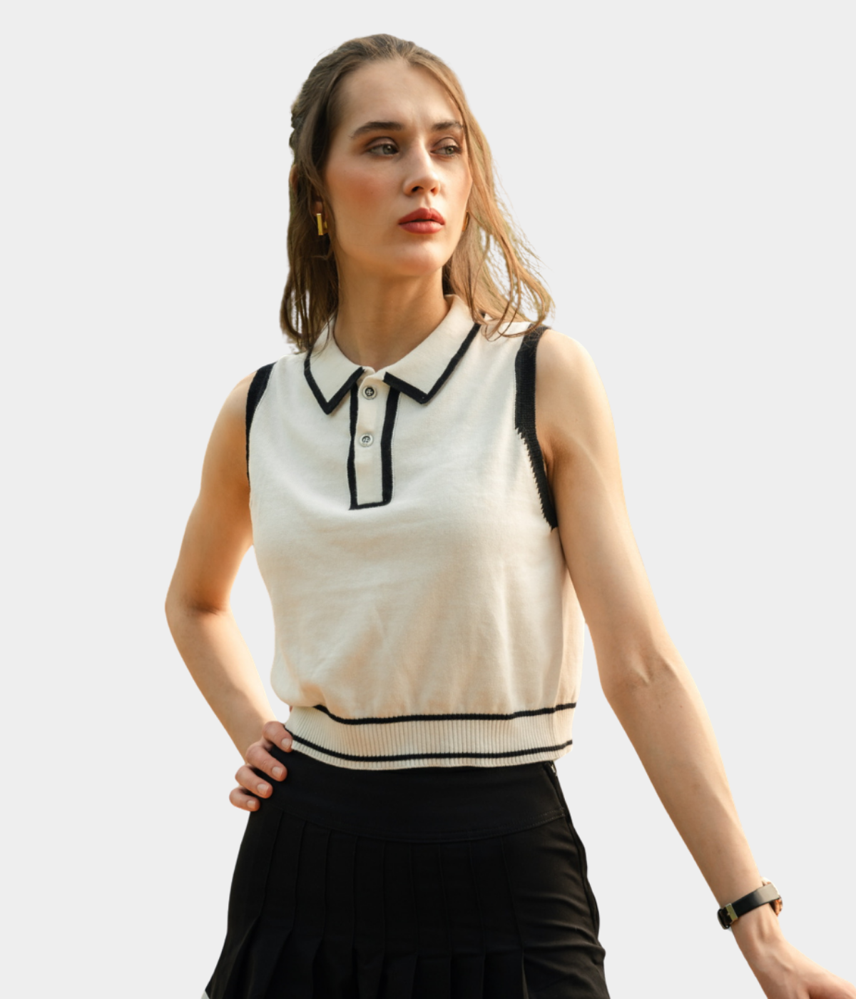 Off-White Sleeveless Polo Knitted Top
