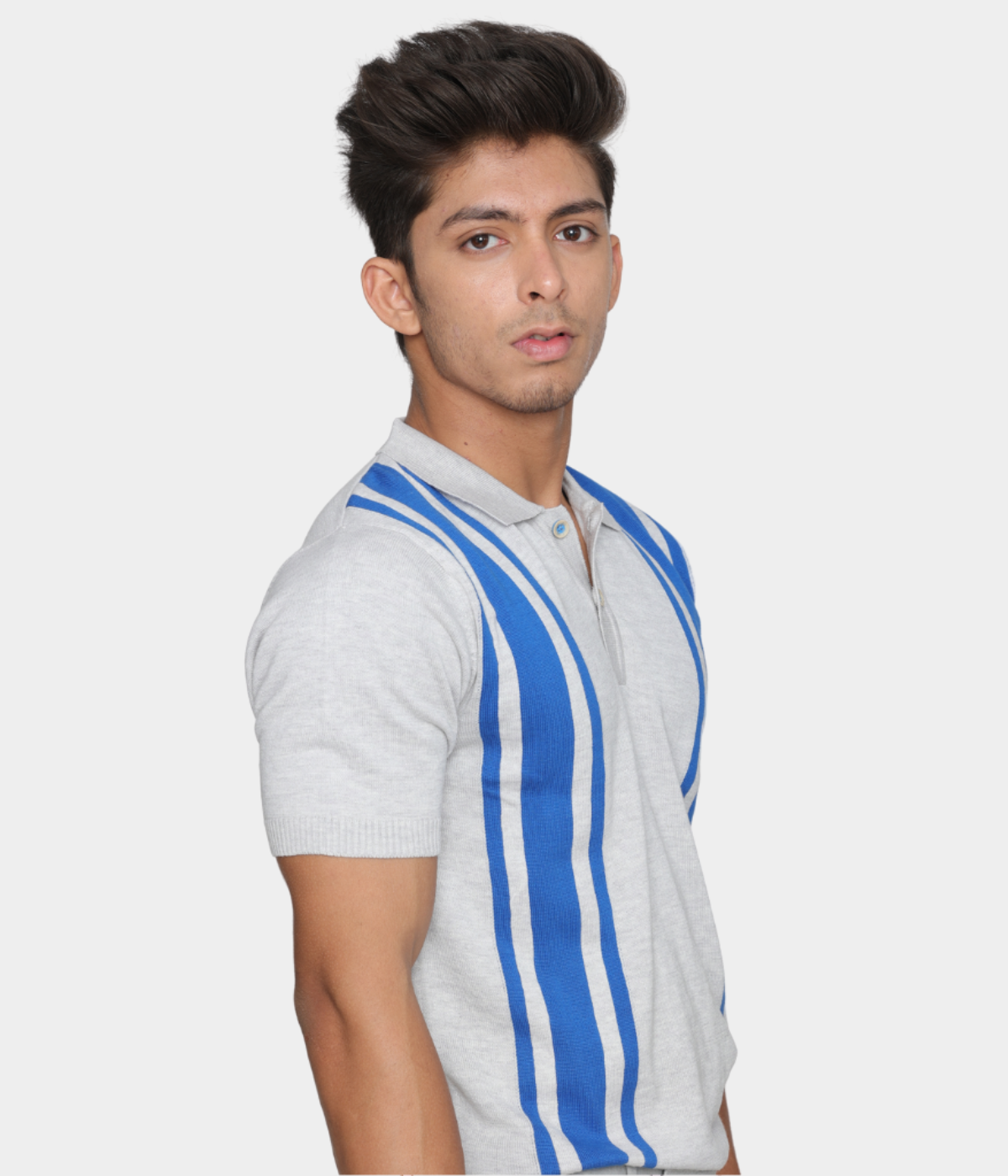 Grey/Blue Structured Cotton Knitted Polo T-Shirt