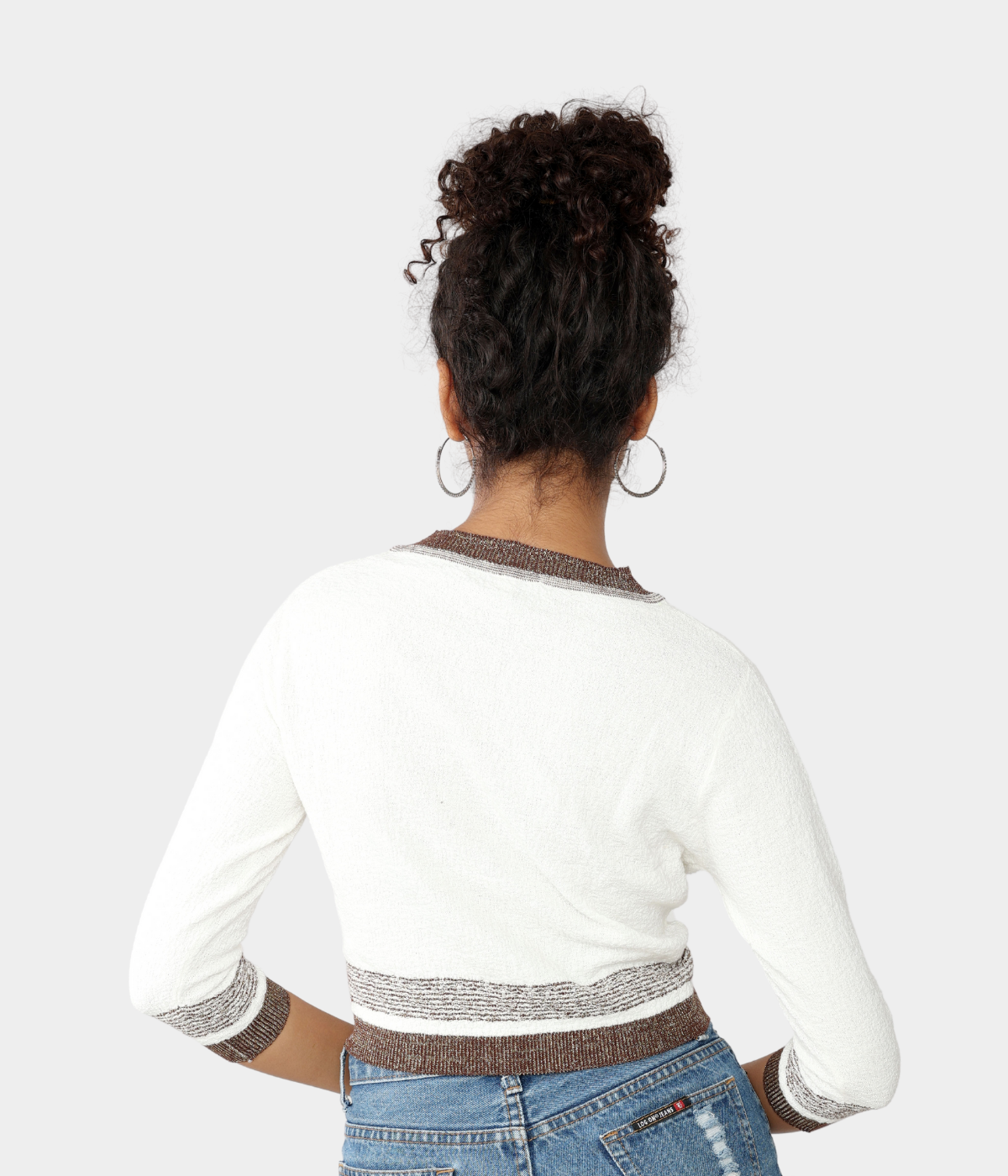 Off-White V-Neck Three-Fourth Sleeves Crop Top