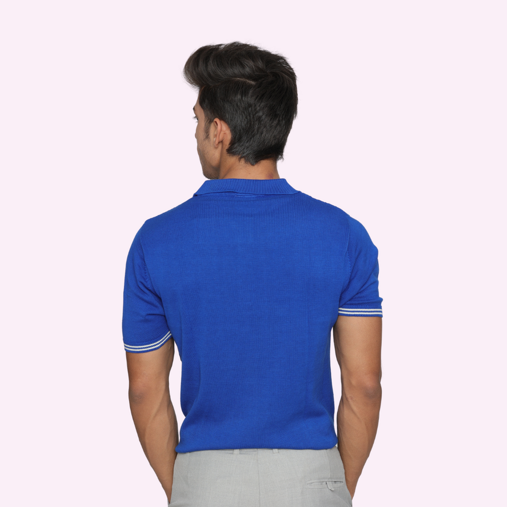 Blue Structured Cotton Knitted Polo T-Shirt