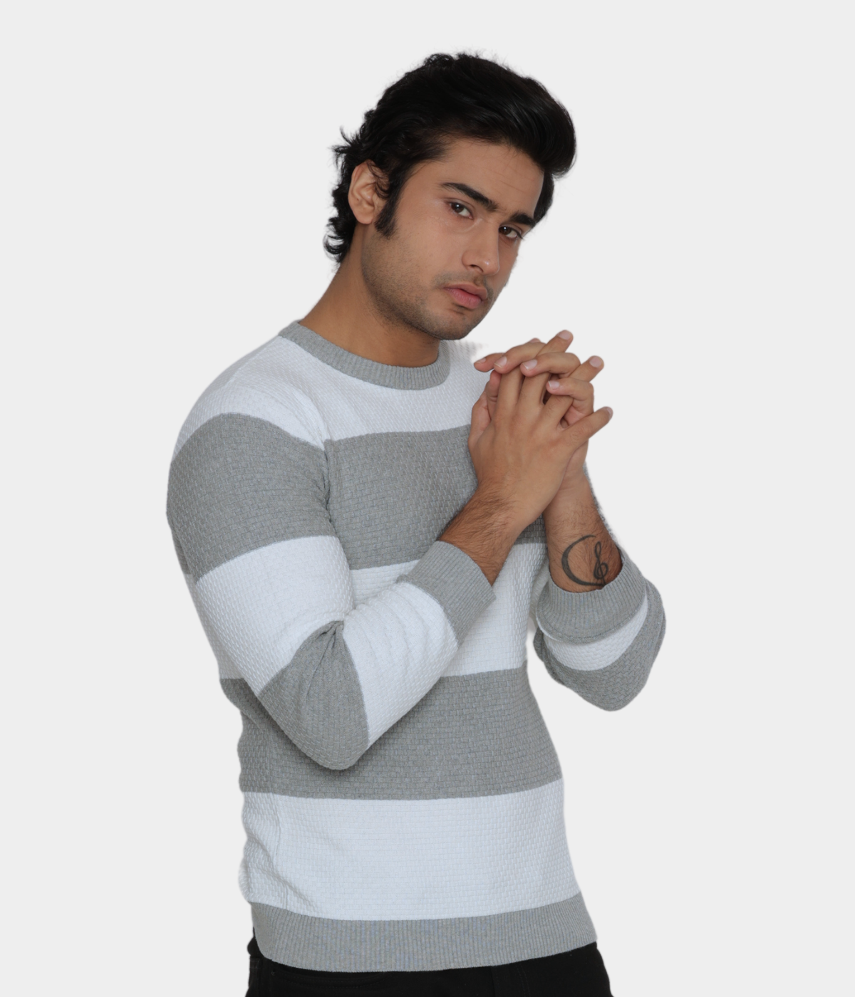 White and Grey Striped Knitted Cotton T shirt