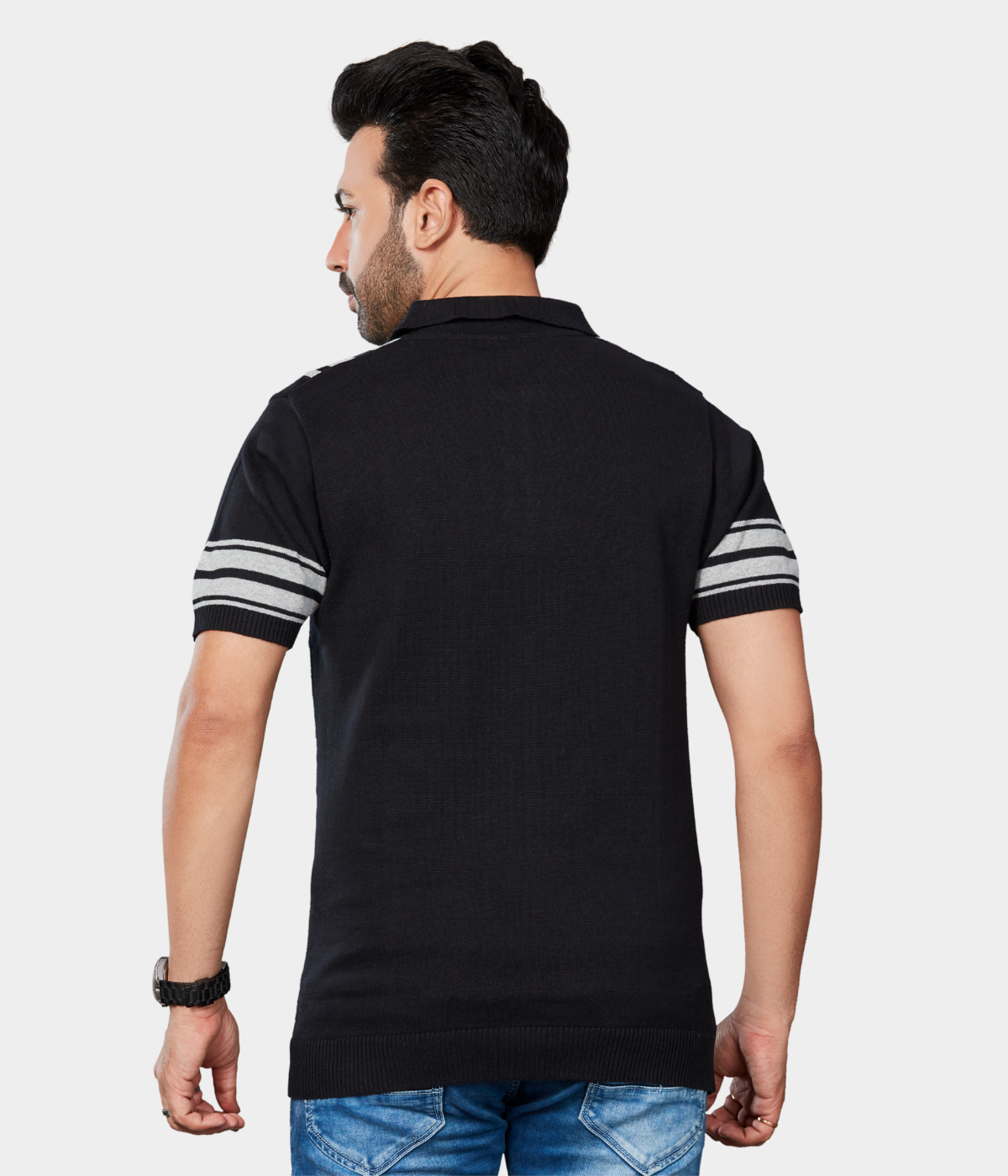 Black Striped Knitted T-Shirt – Bold, Breathable & Built to Stand Out
