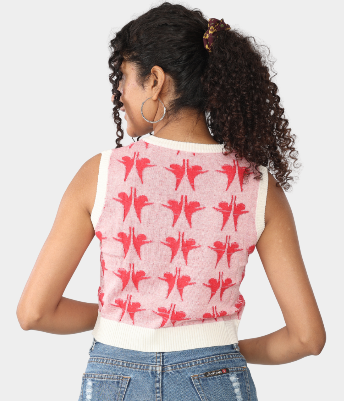 Off-White with Red Structured V-Neck Sleeveless Knitted