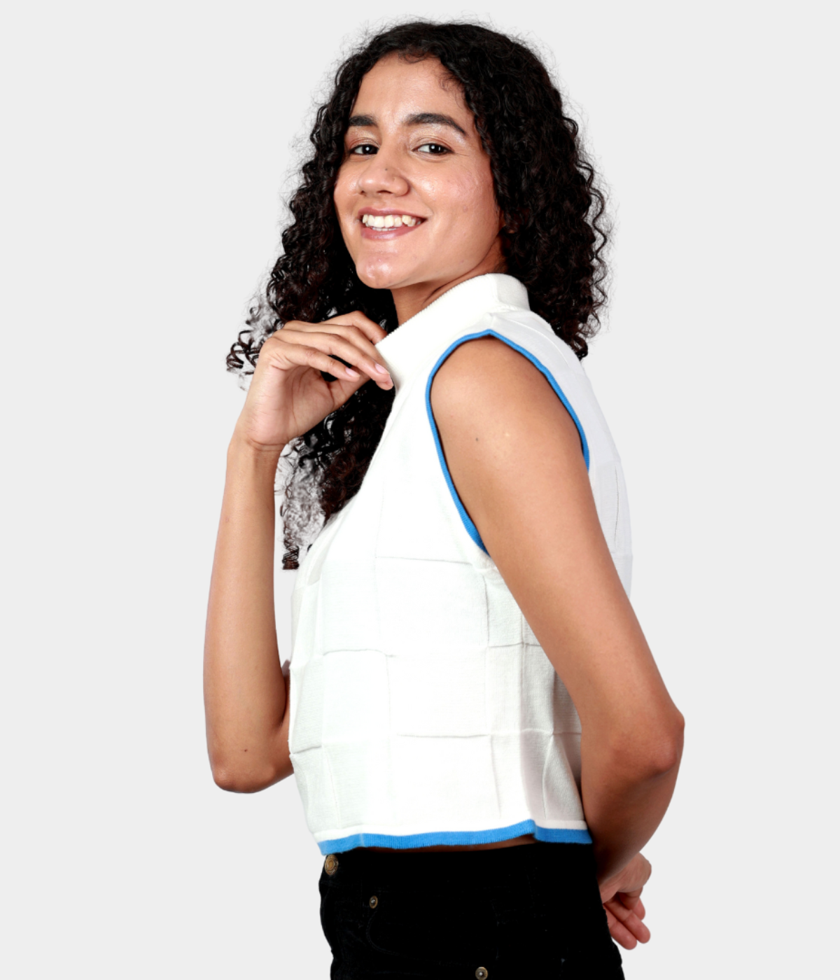 White with Light Blue Tipping High Neck Sleeveless Knitted