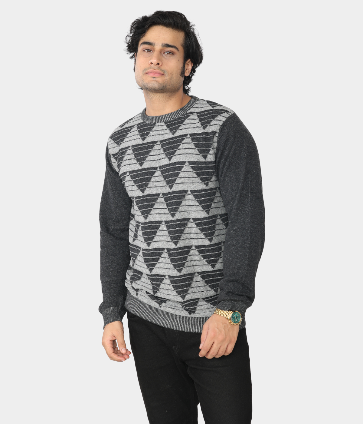 Charcoal grey denim finished jacquard knitted cotton T-Shirt