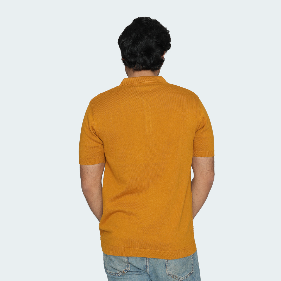 Mustard Knitted Polo T-Shirt – Vibrant, Textured,