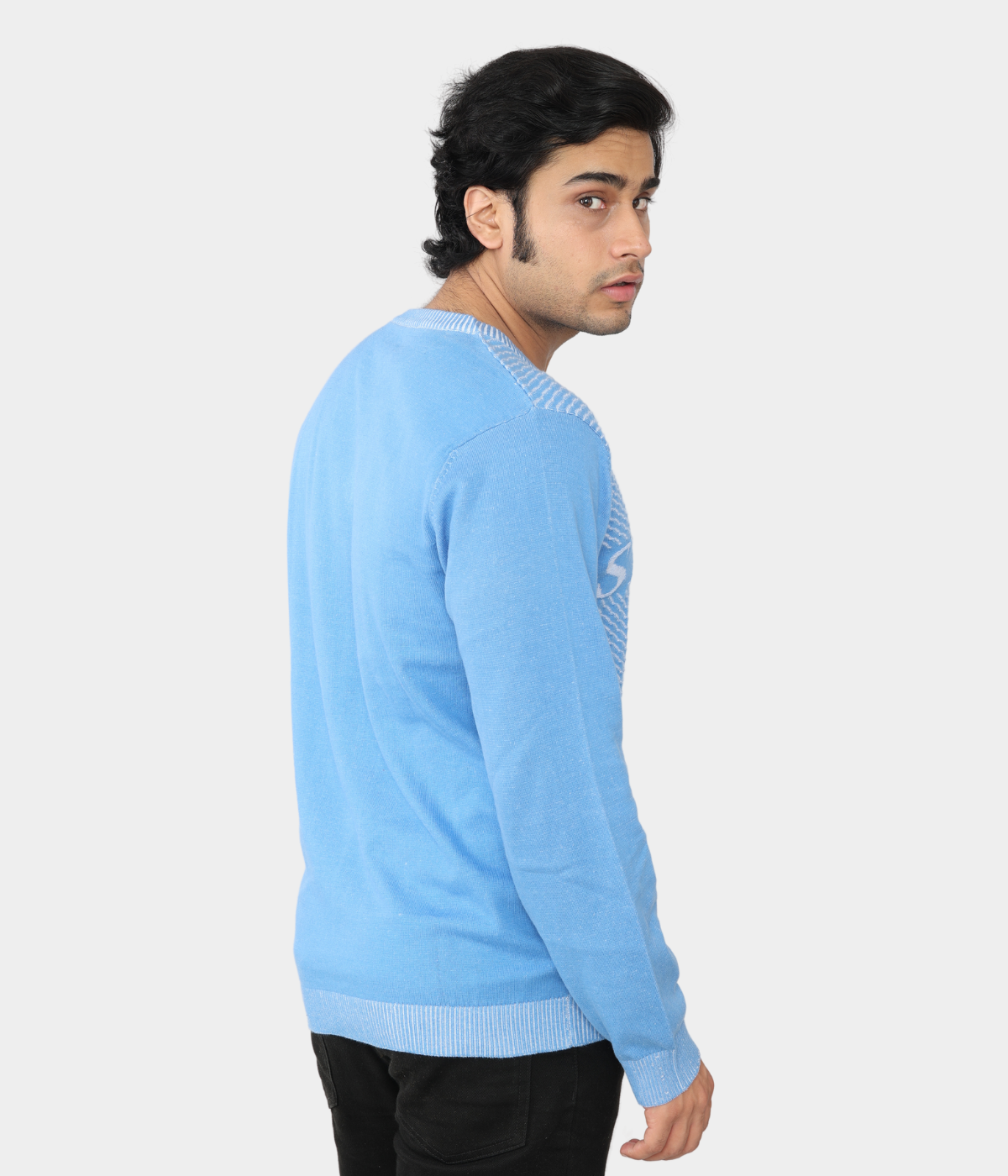 Blue & White Cotton Denim-Look Knitted Long Sleeves T-Shirt