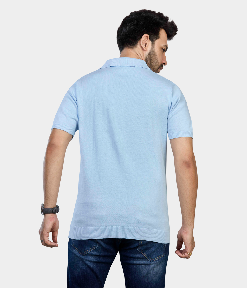 Sky Blue Textured Knitted Cotton Polo T-Shirt