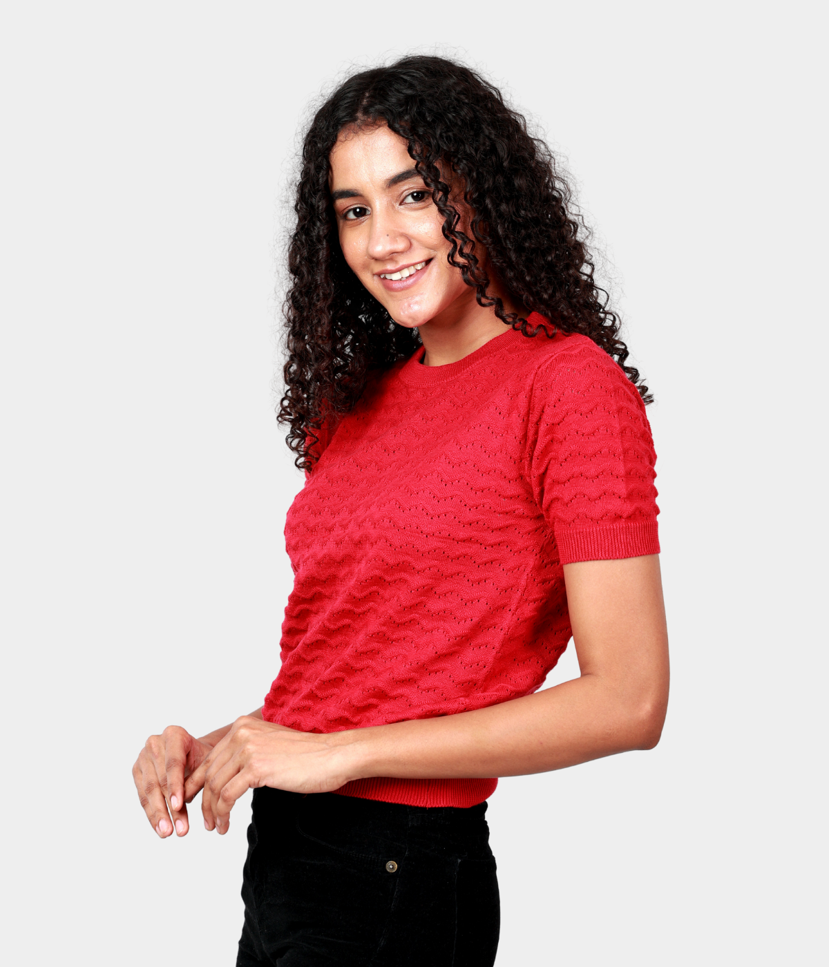 Red Pointelle Half Sleeves Knitted Top