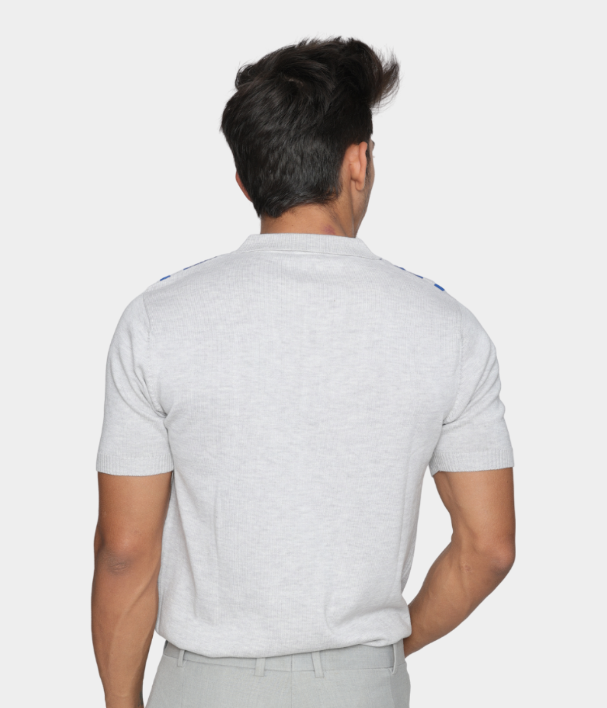 Grey/Blue Structured Cotton Knitted Polo T-Shirt