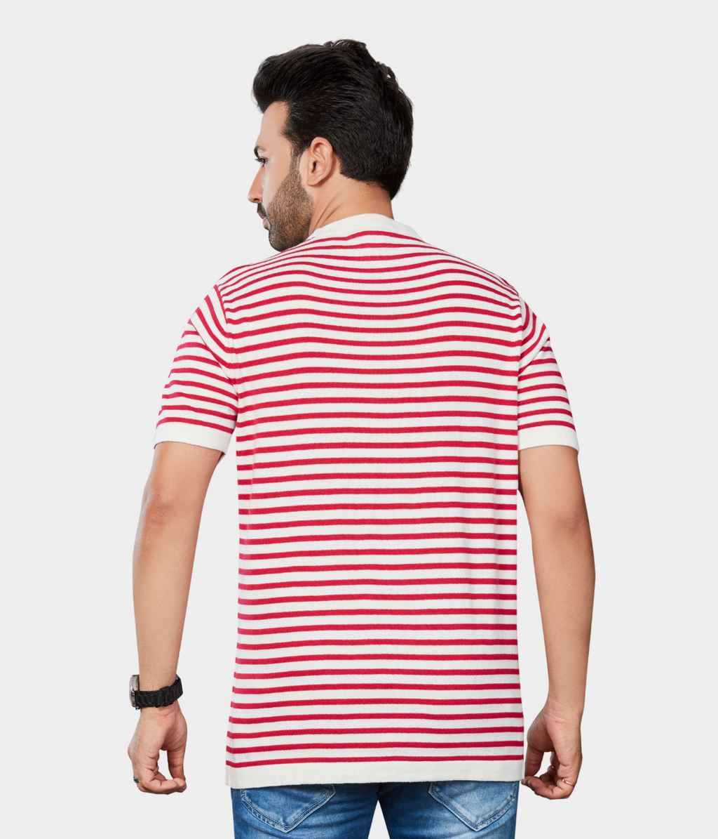 Off-White Round Neck Knitted T-Shirt with Rani Stripes