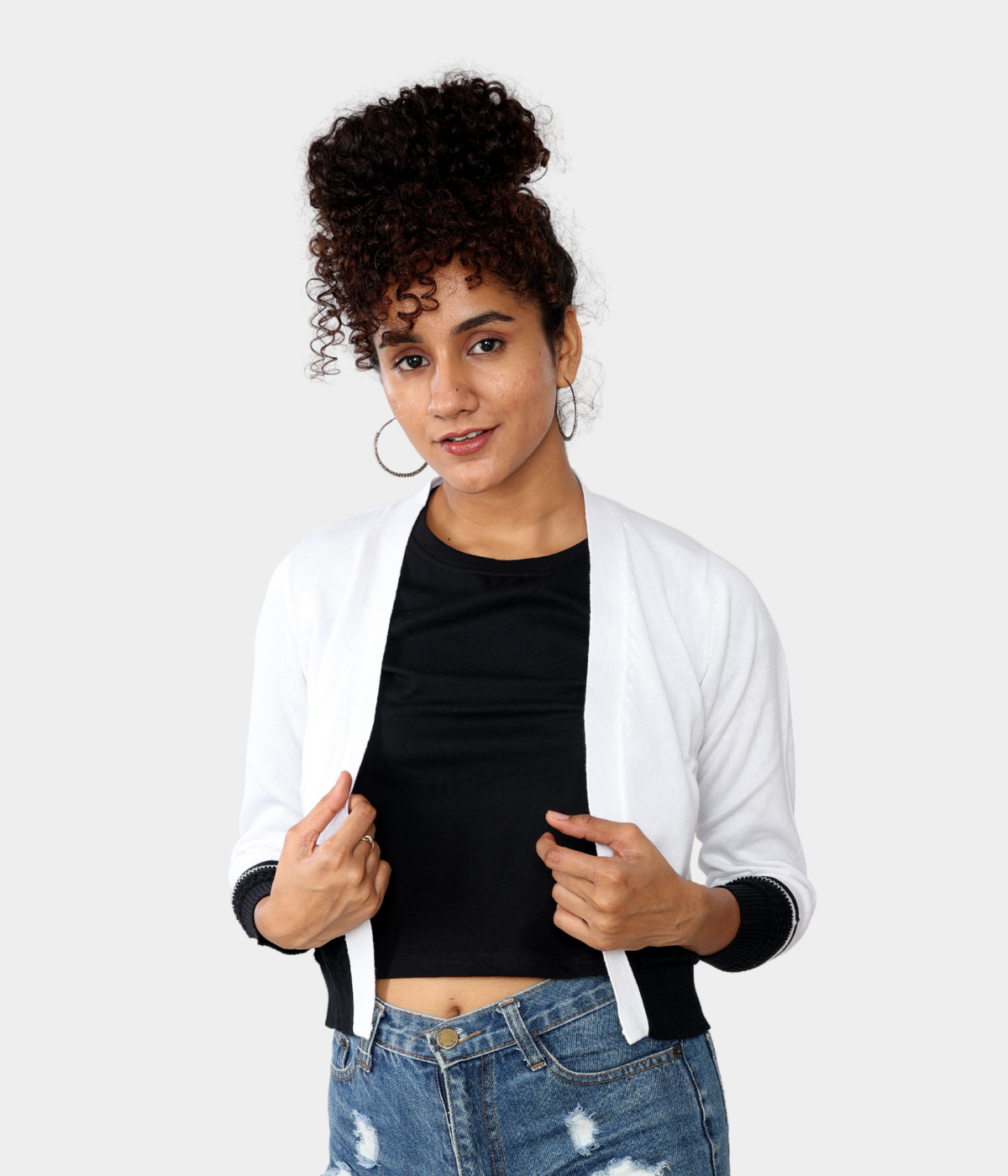 White with Black Pointelle Bottom Knitted Shrug