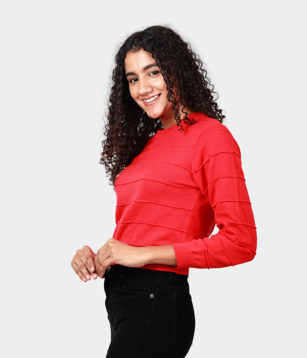 Red Round Neck 3/4 Sleeves Knitted Top