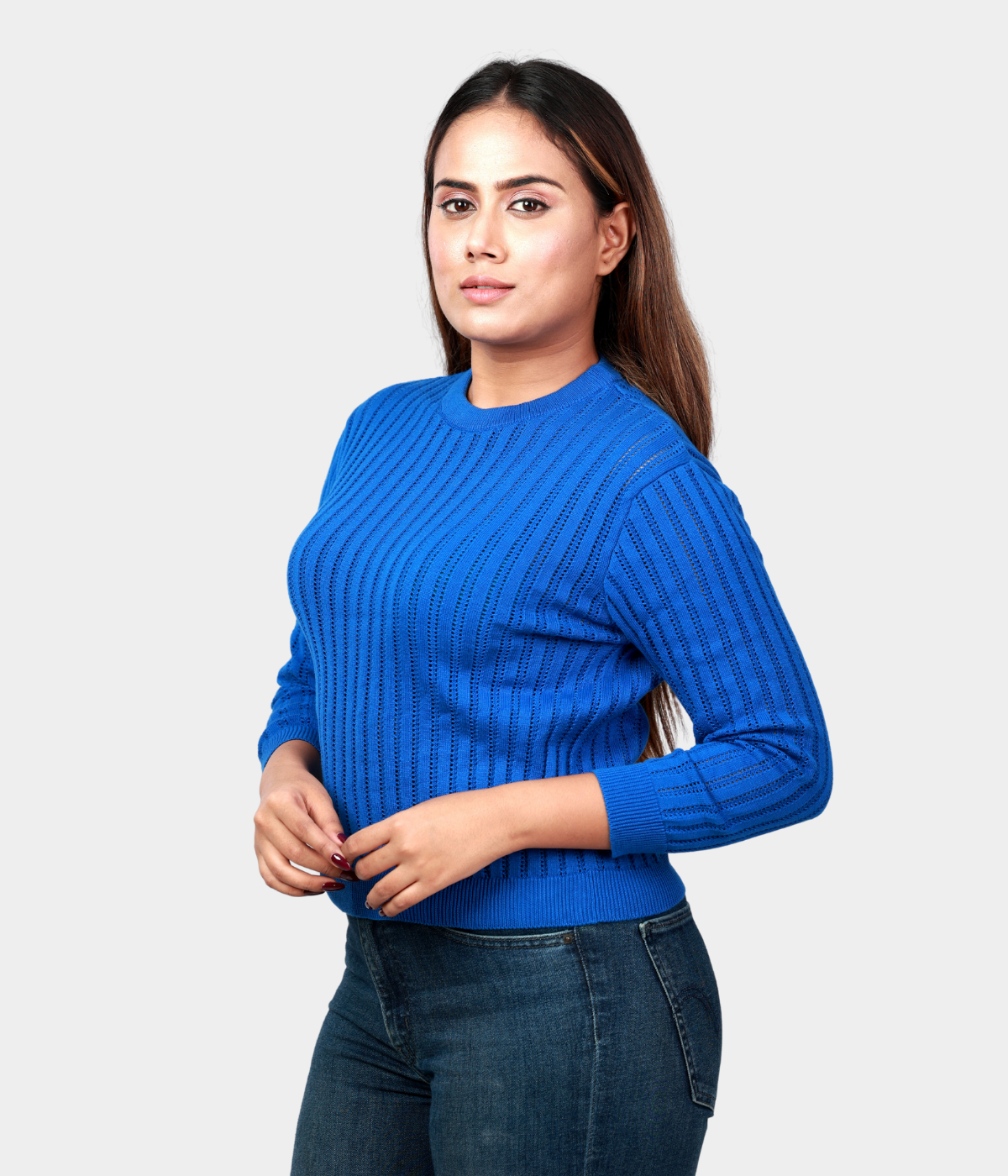 Blue Round Neck Pointelle Structured 3/4 Sleeves  Crop Top