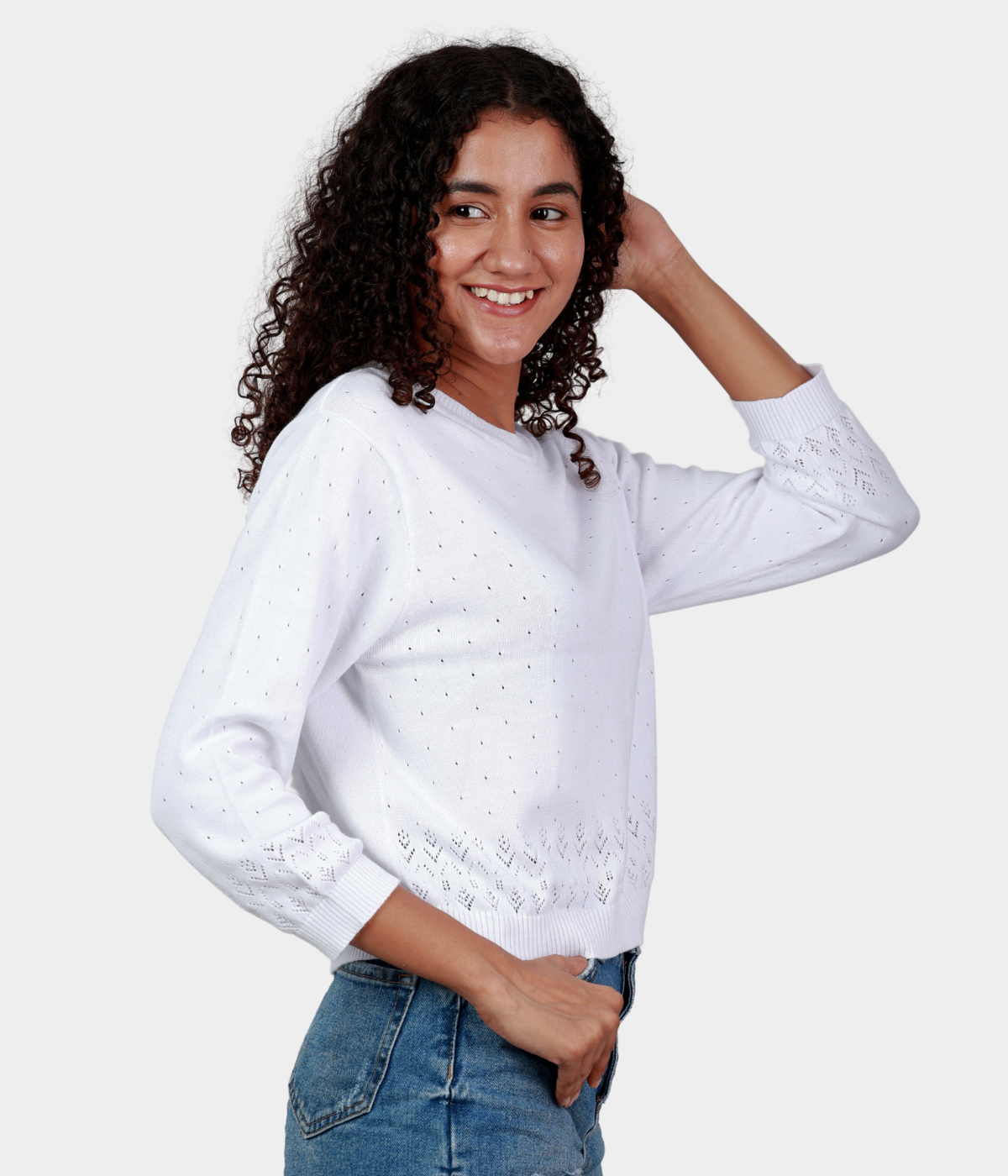 Off-White Pointelle 3/4 Sleeves Knitted