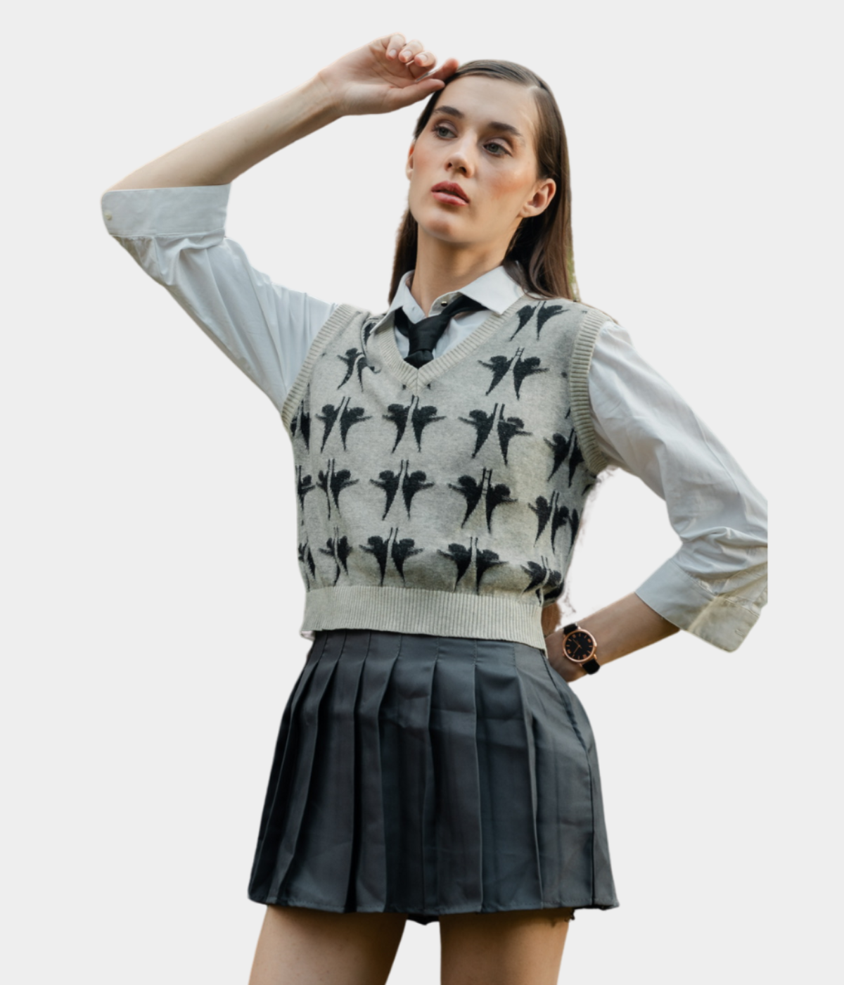 Grey with Black Structured V-Neck Sleeveless Knitted