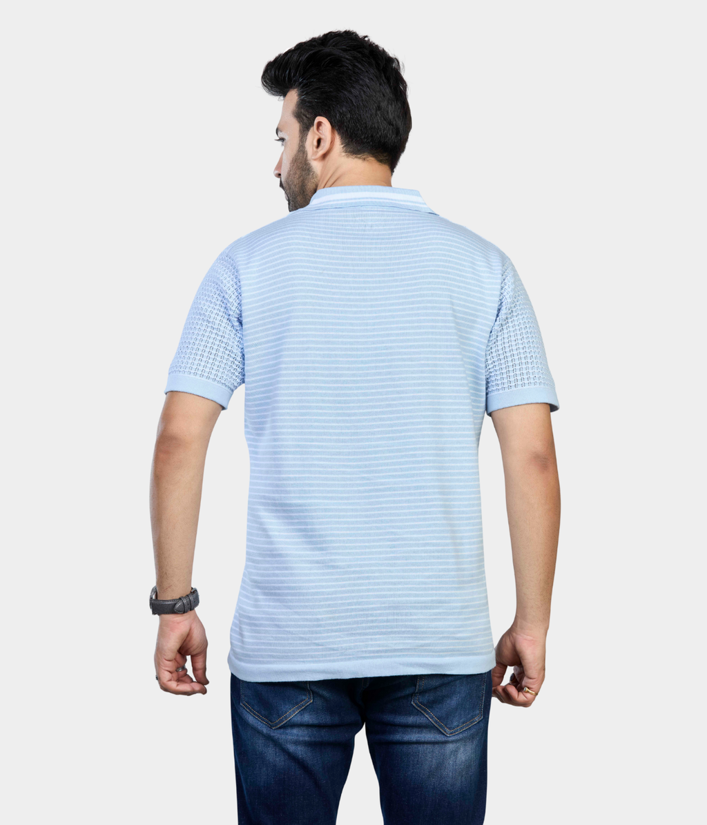 Blue & White Pointelle Knitted Polo T-Shirt