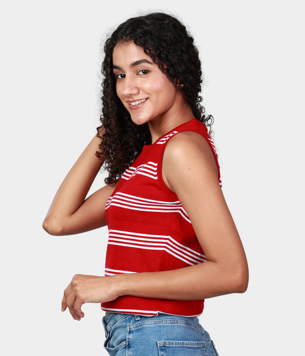 Red with White Stripes Round Neck Sleeveless Knitted