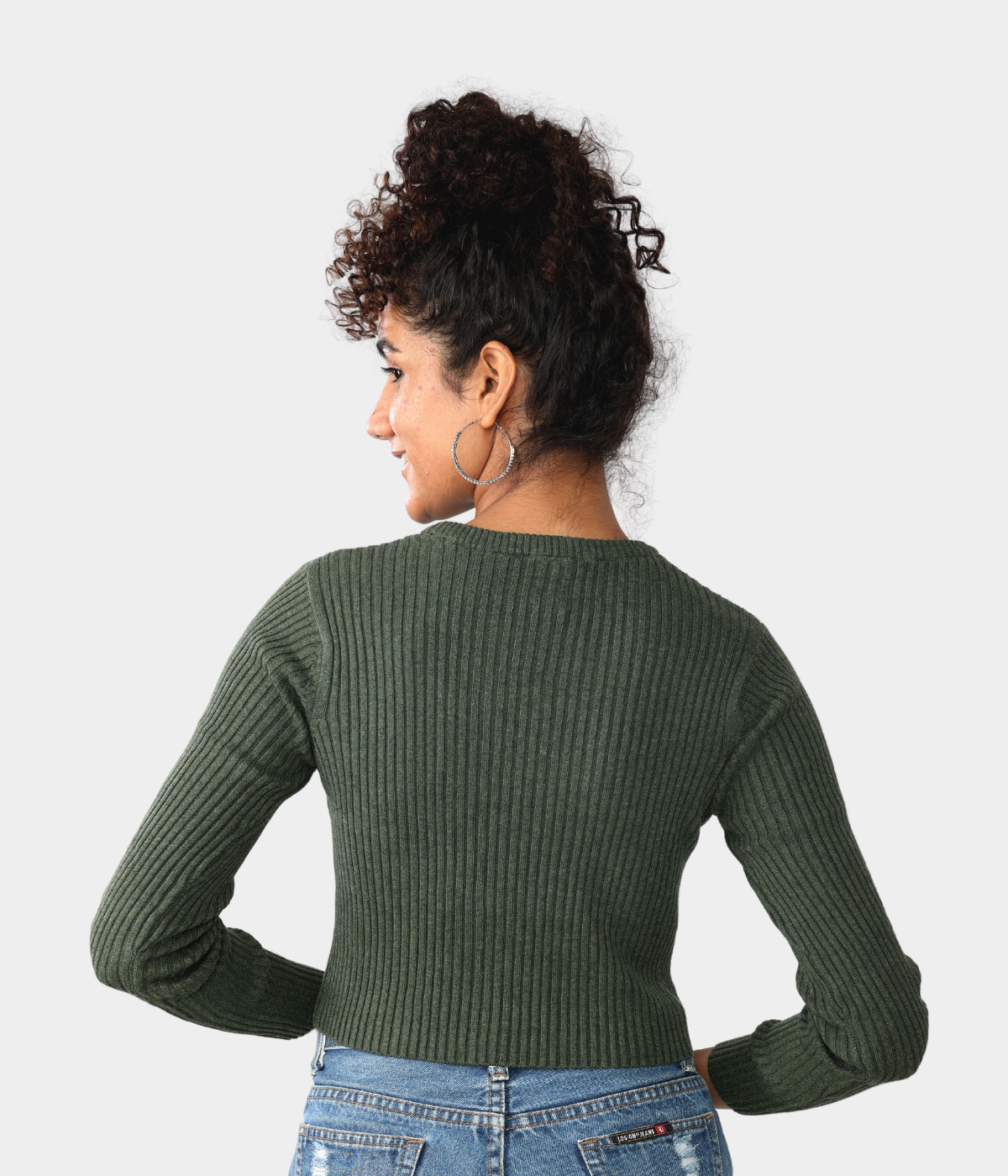 Olive Ribbed Full Sleeves Knitted T-Shirt